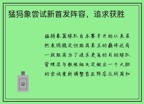 猛犸象尝试新首发阵容，追求获胜